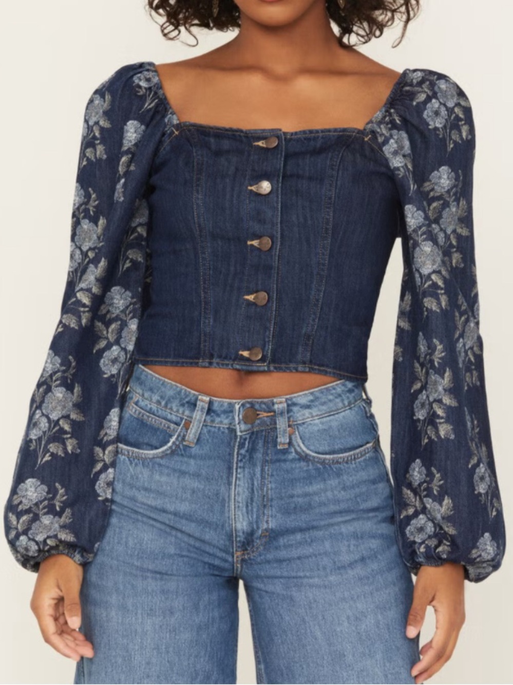 Wrangler Retro Floral Tapestry Sleeve Denim Festival Western Cropped Top Sz S